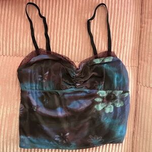 Free People Blue-Black Mesh Floral Tank